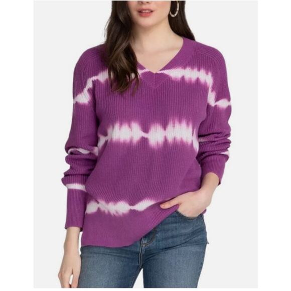 Johnny Was Tie Dye Striped Pullover Sweater Purple White V Neck Cotton Small - Picture 4 of 8